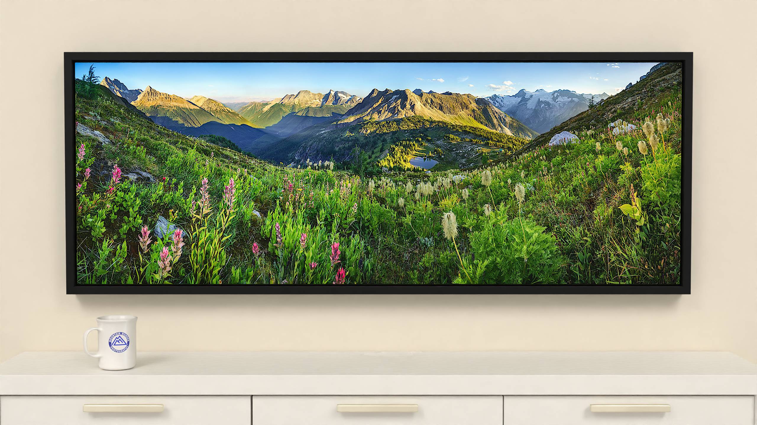 Alpine Summer Sunset Panorama - Print - 60x22 - Black Frame Canvas Wall Art