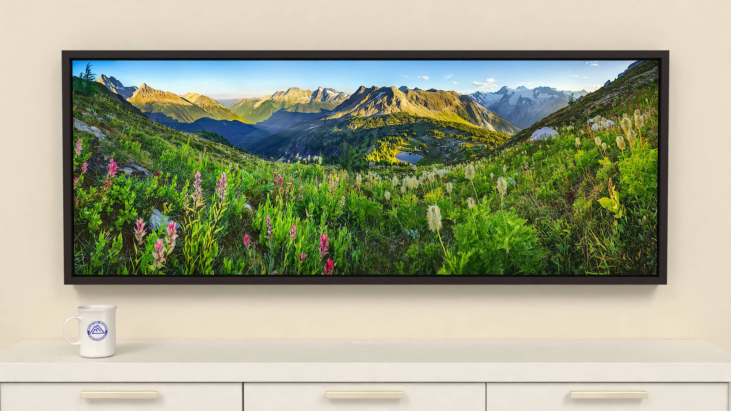 Alpine Summer Sunset Panorama - Print - 60x22 - Espresso Frame Canvas Wall Art