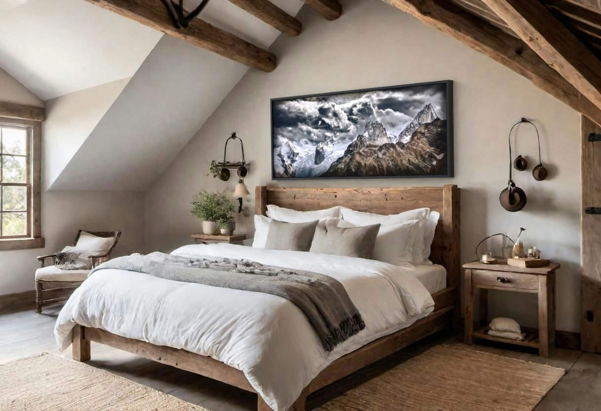 Elegant bedroom featuring 'Bugaboo Skyline' canvas print by Howard Smith, framed in black, creating a focal point above a rustic wooden bed, embodying the spirit of the mountains