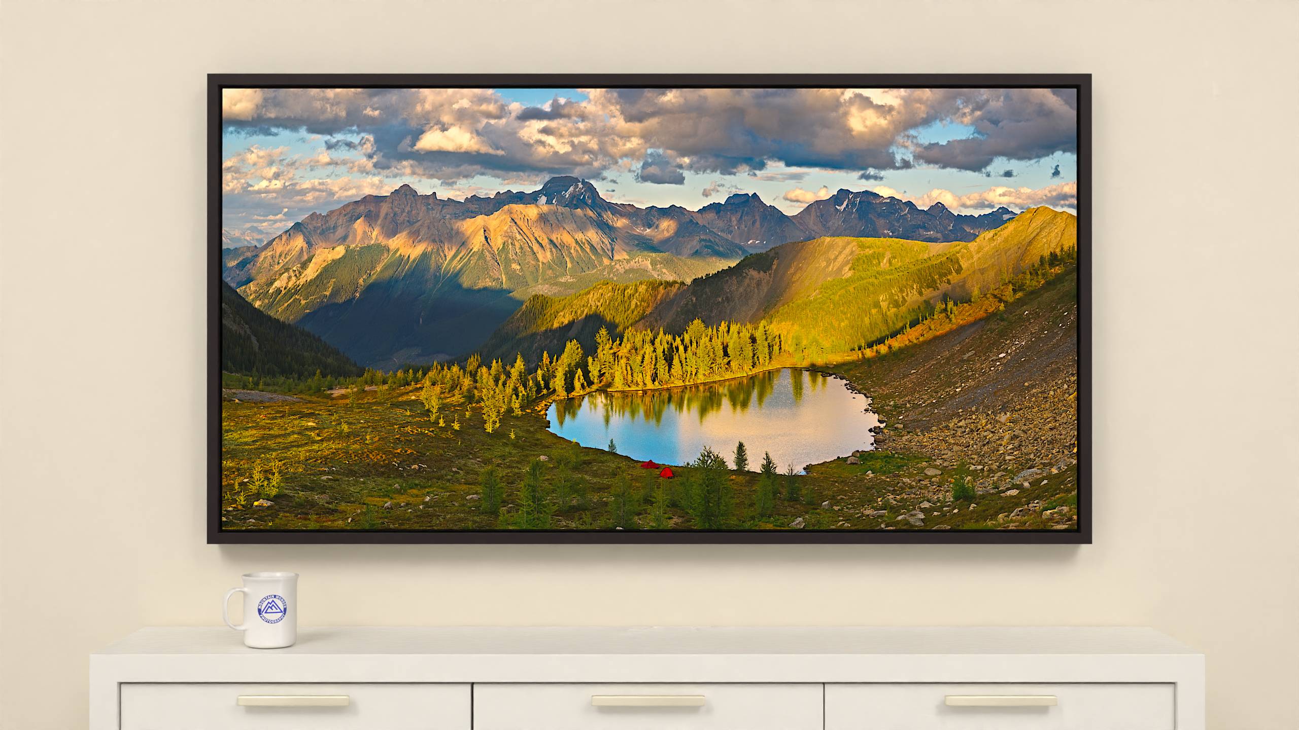 60x31 inch Wrapped canvas print with espresso floater frame. Vibrant alpine lake and Bugaboo mountain range evening scene on canvas print.