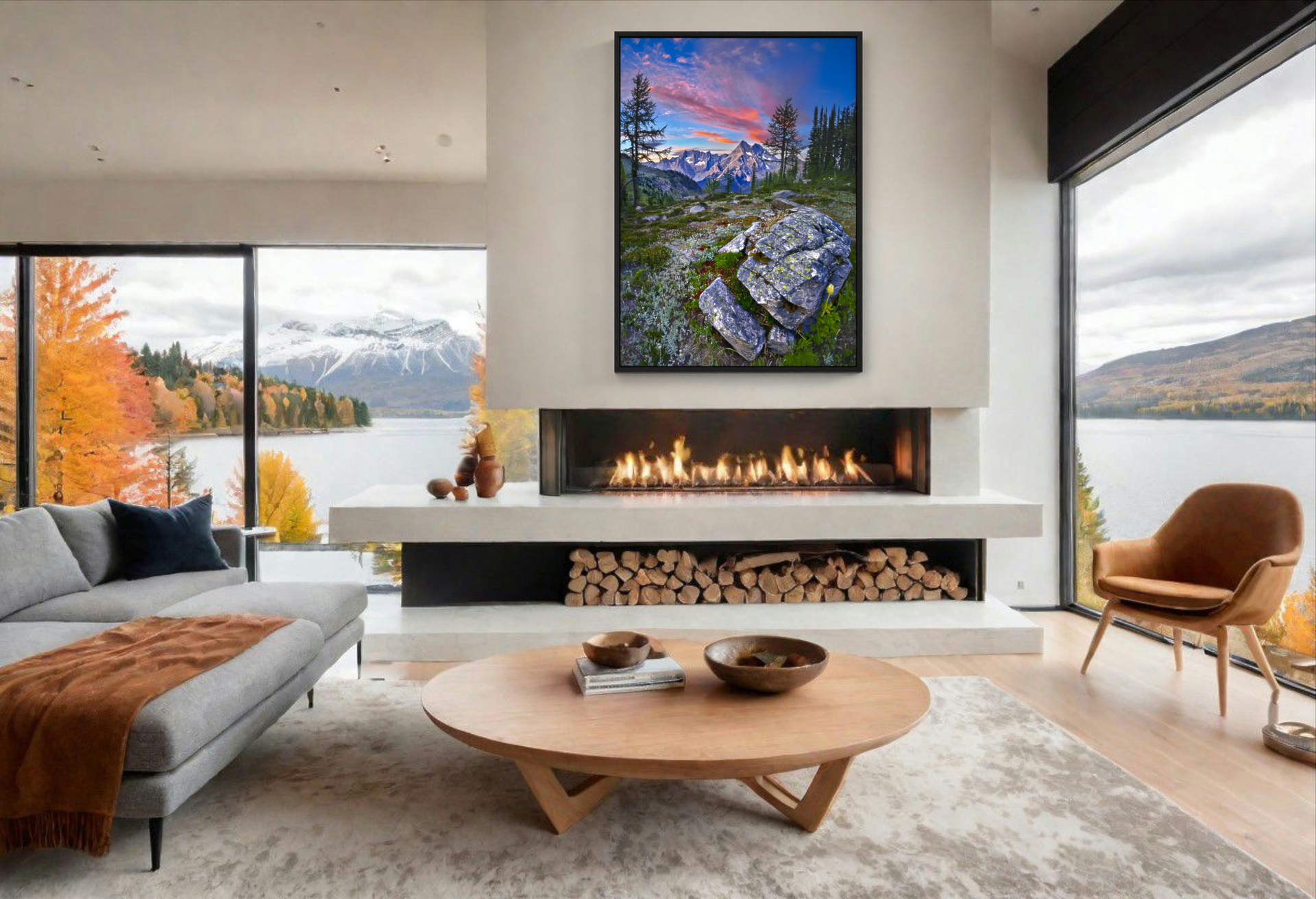 Modern living room interior from Mountain Wonder Photography featuring 'Evening Light on Jumbo Pass' print, a striking alpine scene with a large boulder and illuminated cloud, framed in black on the wall