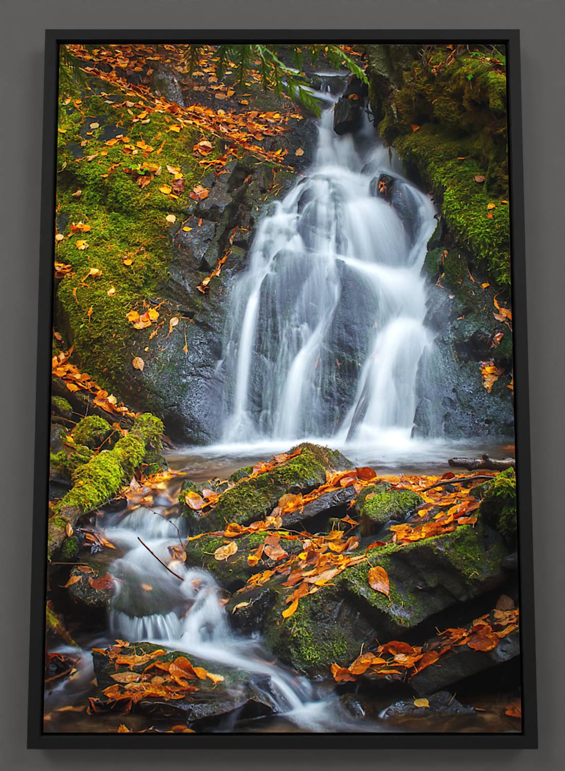 Autumn Cascade - Waterfall canvas print with moss-covered rocks and vibrant autumn leaves