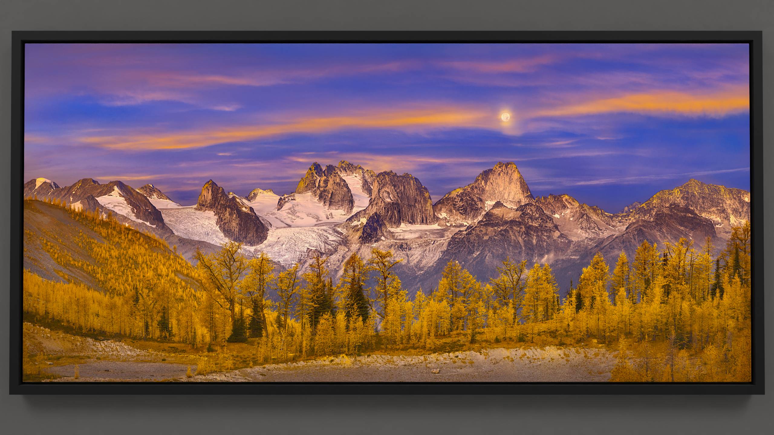Under the ethereal glow of the moon, the Bugaboo spires await the early morning light, their luminous glaciers gleaming against towering walls of granite. Larch trees, their branches a smokey gold, greet the dawn in tranquil silence. Above, the sky weaves a magenta tapestry of clouds, seamlessly blending into the soft hues of morning blue.