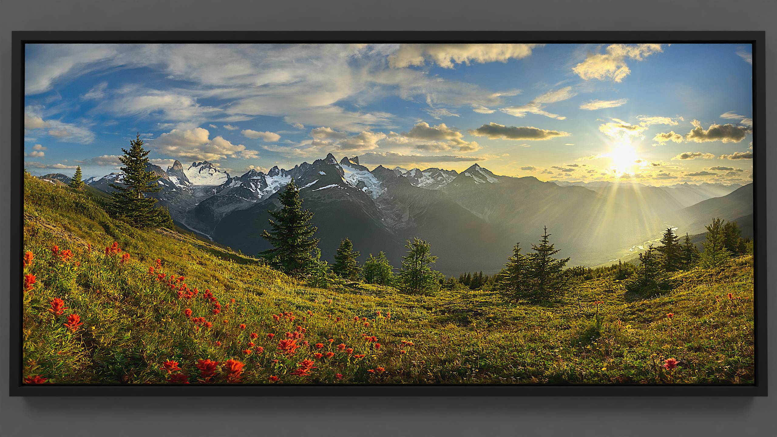 From a high alpine vantage, the panoramic Vowel range unfolds. A golden meadow with red paintbrush wildflowers and fir trees descends into a sunlit valley with a meandering Howser river. Crags and blue glaciers shape the Vowel peaks, with Bugaboo spire and Howser tower in the distance under a cloud-strewn sky.