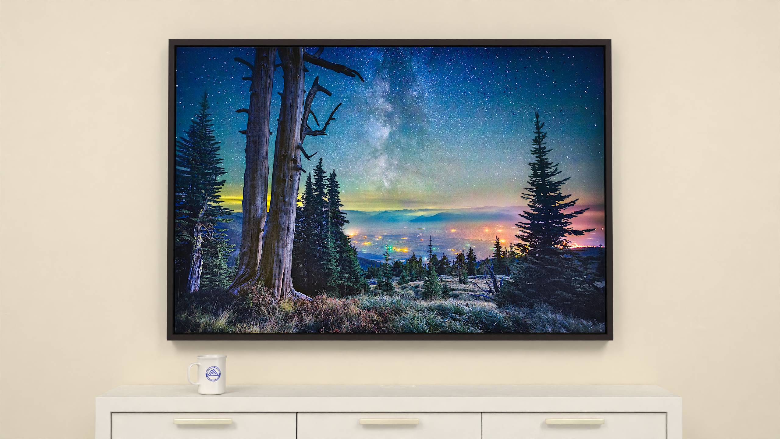 57x38 inch Wrapped canvas print with espresso floater frame. Milky Way Galaxy and Alpine Meadow Wrapped Canvas Print for Sale