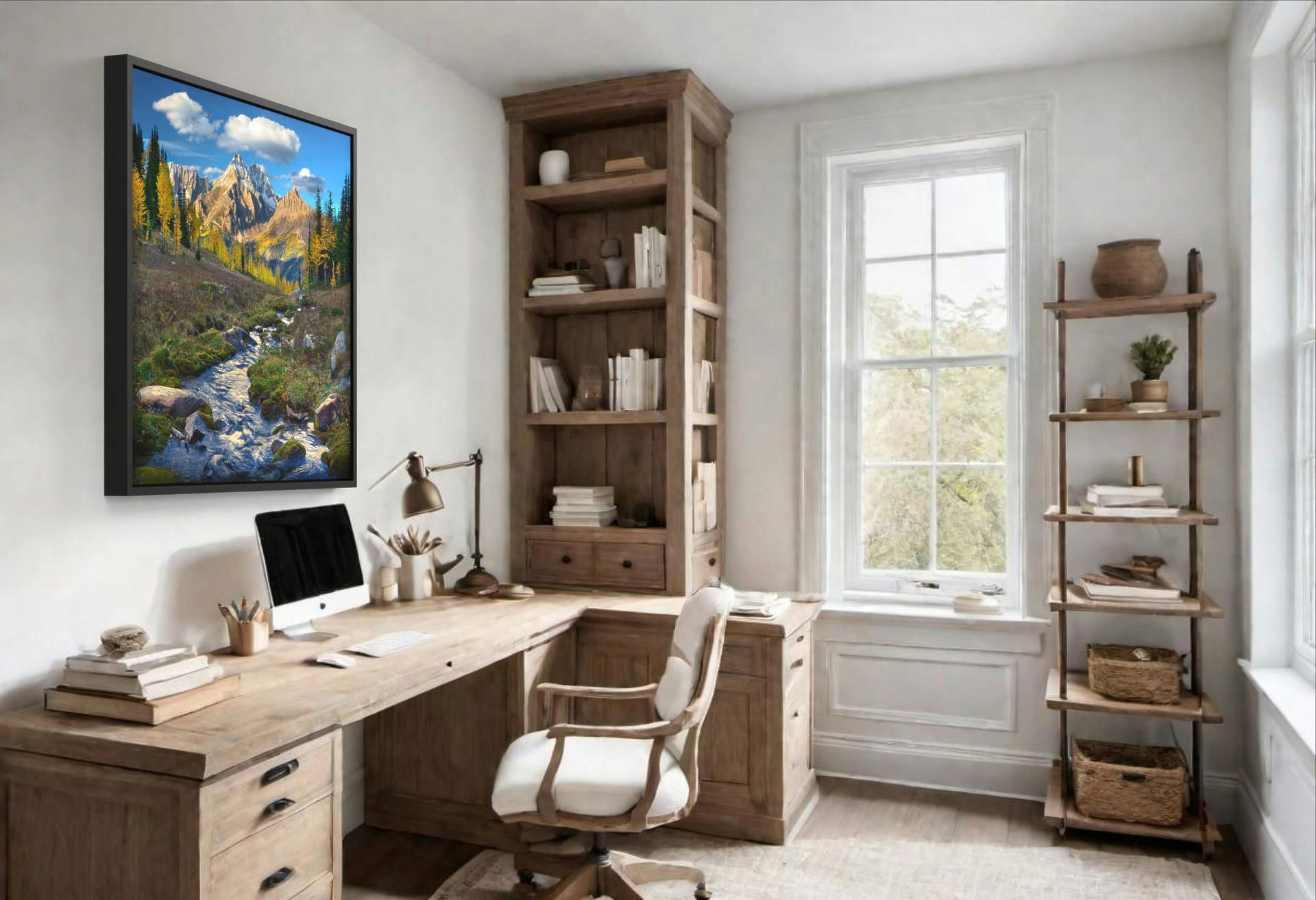 Home-office setup enhanced by Mountain Wonder Photography's 'Soft Flowing' print, depicting a golden stream with larches and Jumbo Mountain, all beautifully framed in black