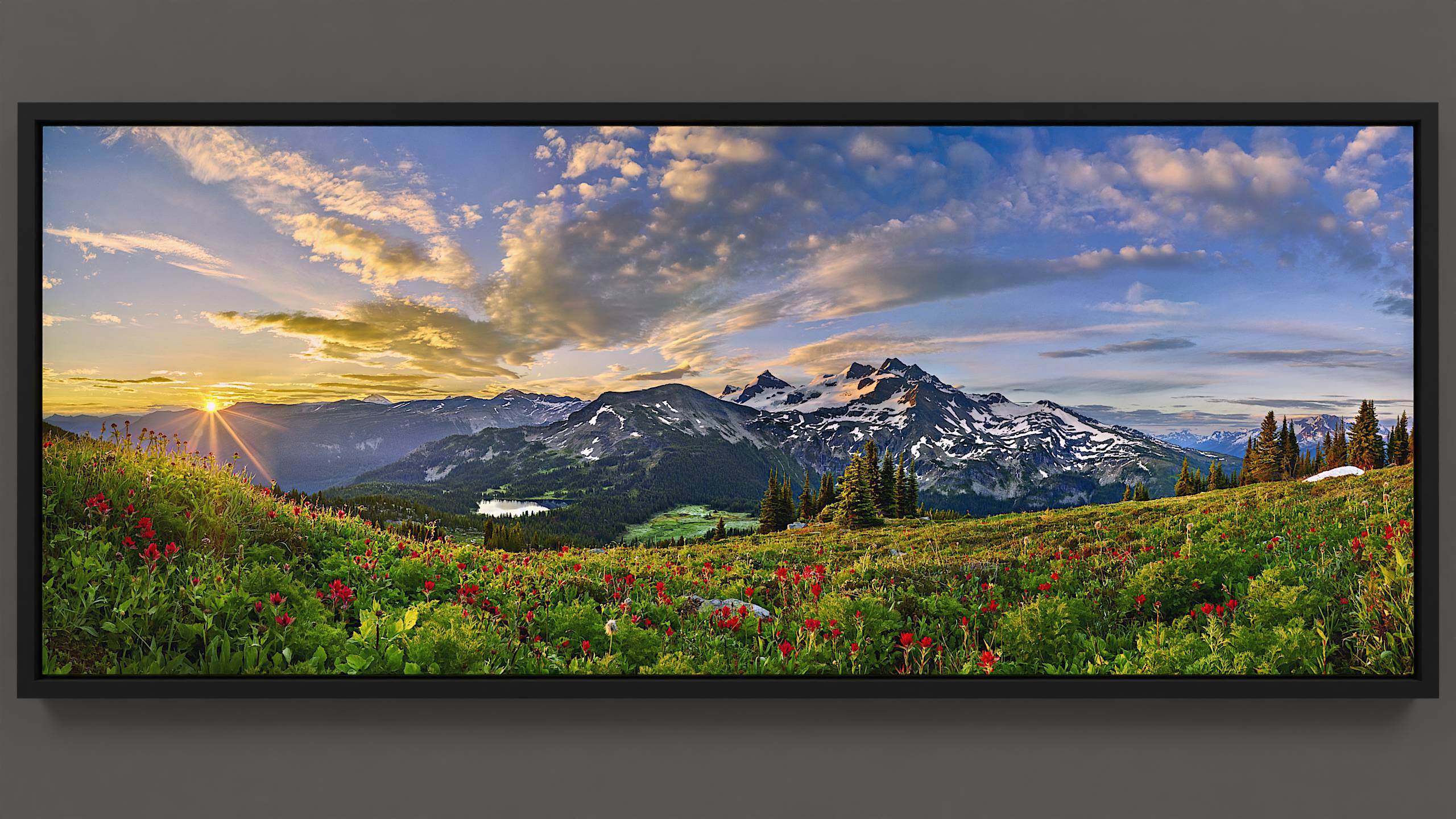 Morning Fills the Sky (short) - Elevate your decor with this gorgeous alpine meadow canvas print, capturing the essence of a peaceful morning in the mountains