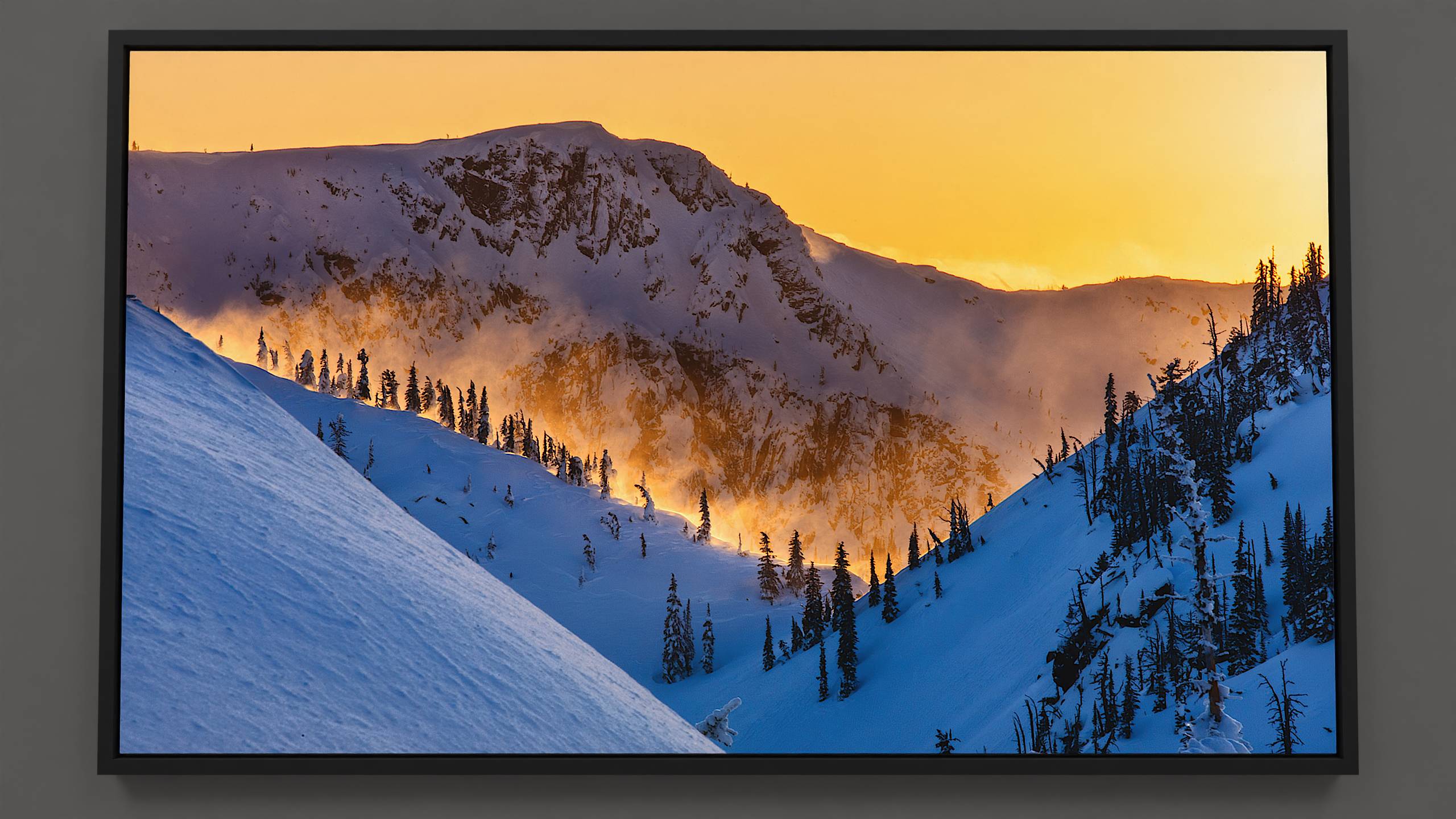 Snow Fire - Enchanting alpine canvas: orange skies, towering firs, snow ablaze