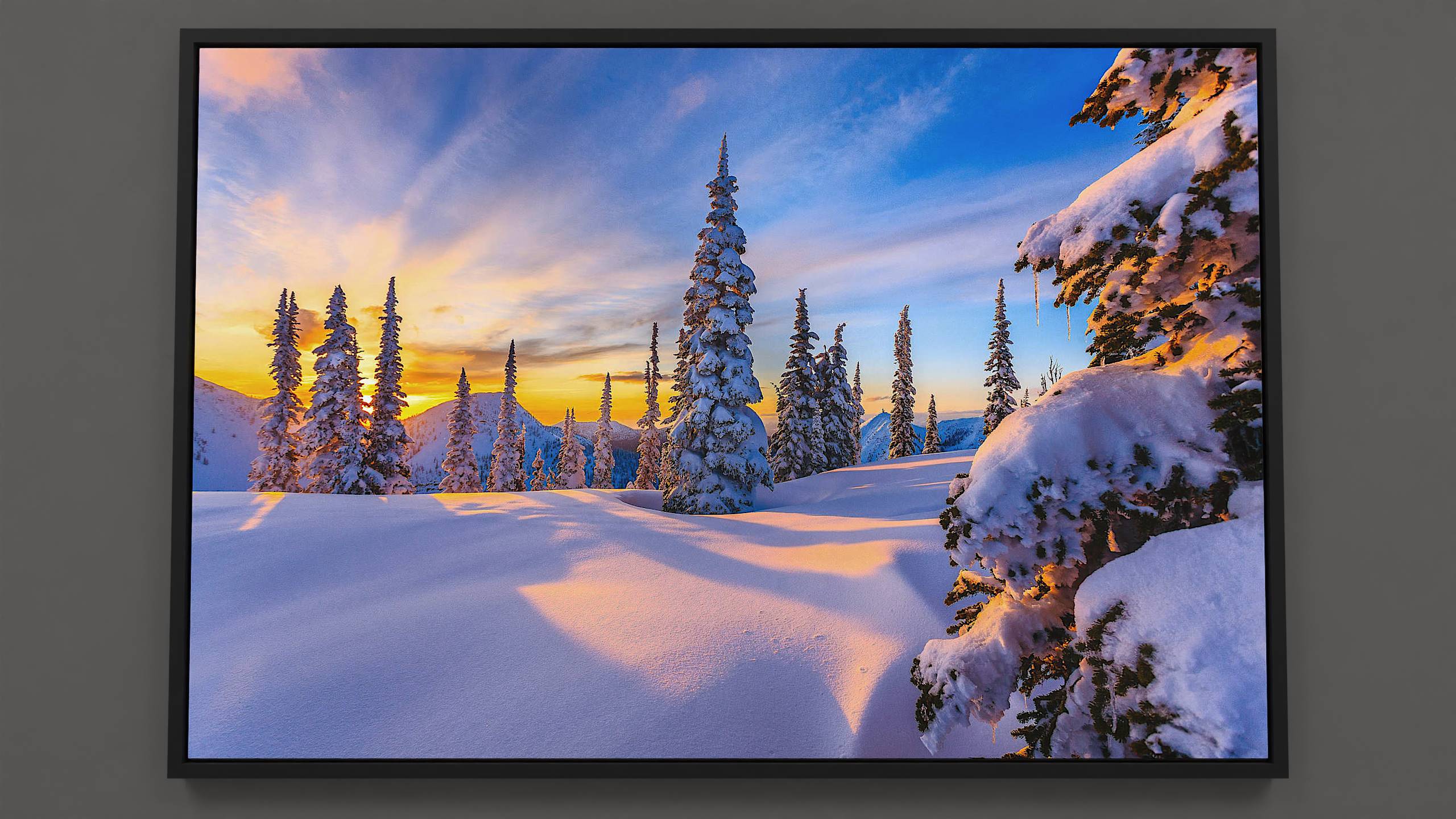 A Symphony of Blue and Gold - Alpine winter wonderland canvas print with sunlit snow, glowing fir trees & vibrant skies